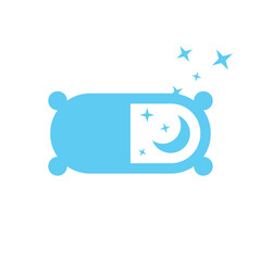 Modern Sleep Logo with Blue Pillow, Moon, and Stars Illustration