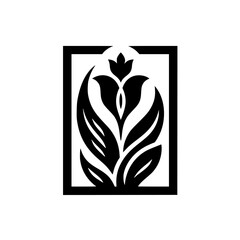 Elegant Abstract Black and White Floral Motif in Frame. Modern Graphic Stylized Botanical Panel Design Element.