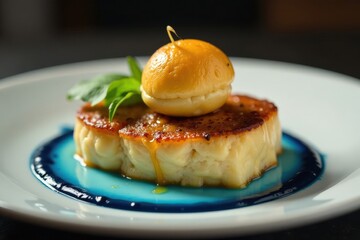 A ballon de foot sits on a slice of filet with blue sauce, meal, football ball, dining
