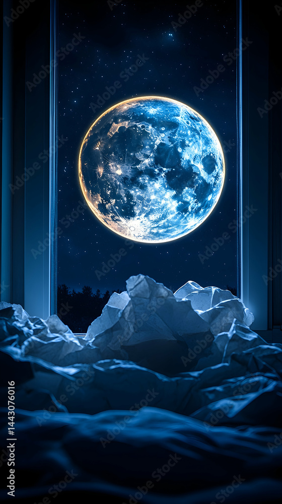 Poster full moon view from window white crumpled paper in foreground blue space sky with stars in the backg