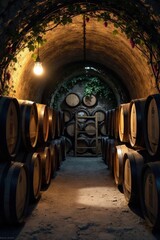 Wine cellar tunnel with stacked wooden barrels illuminated by a single light