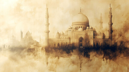 Grand mosque dome and minarets in sepia watercolor texture with distant city views