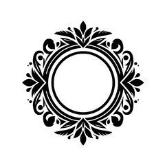 Ornate Black Floral Circle Frame. Elegant Decorative Border Element for Design.