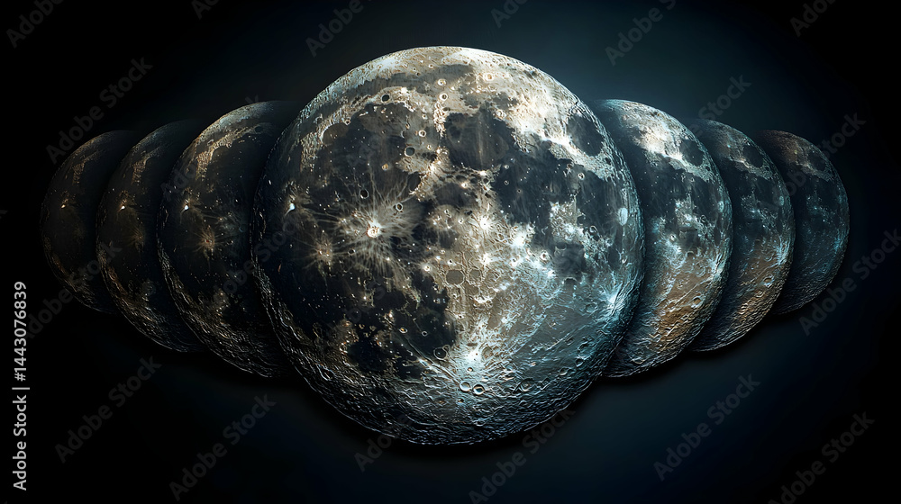 Poster group of planets with craters in a row contrasting light and dark hues against a dark backdrop