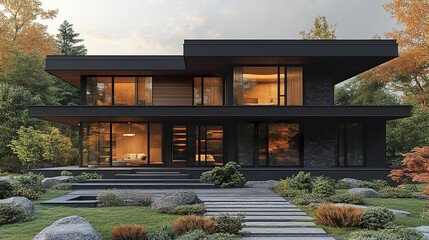 Stylish modern home with sleek black facade and vibrant landscaping