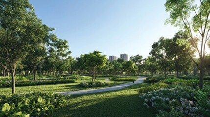 Obraz premium Peaceful park landscape with green trees and walking path on a sunny day