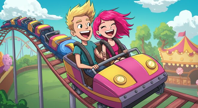 Children on a colorful roller coaster