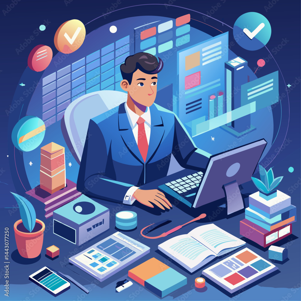 Poster a man in a suit is sitting at a desk with a laptop and a book. the scene is set in a modern office e