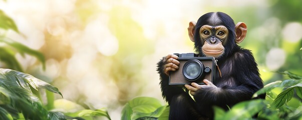 Chimpanzee holding camera stares directly forward in jungle foliage