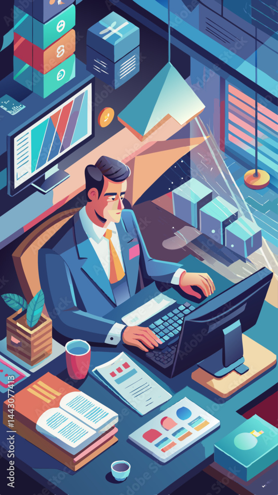 Poster a man in a suit is sitting at a desk with a laptop and a book. the scene is set in a modern office e
