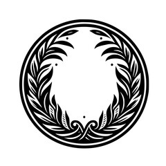 Graphic Black and White Circular Frame with Stylized Leaves - Ornate Wreath Illustration Element