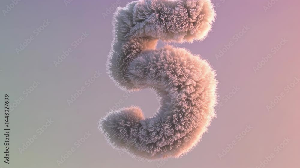 Poster fluffy number 5 made of soft cloud-like texture floating on a pastel gradient background, evoking li