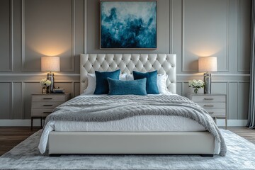 Modern bedroom with white leather headboard bed, light gray wall, abstract painting, nightstands with lamps, flowers, and soft gray rug.