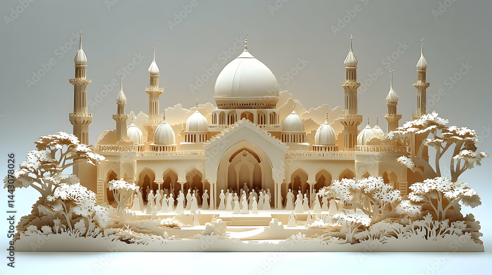 Poster intricate paper artwork of a mosque with trees and people domed structure with minarets white backgr