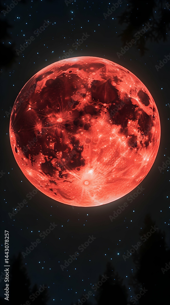 Poster large red moon surface visible fills the sky with stars in the background and dark trees below