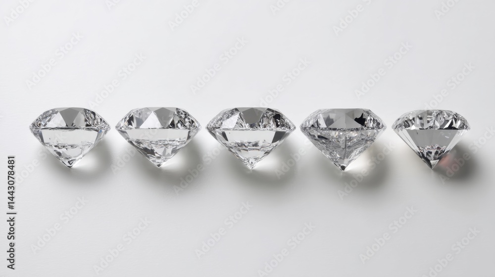 Poster row of dazzling diamonds sparkling on a clean white background in a studio shot emphasizing clarity 