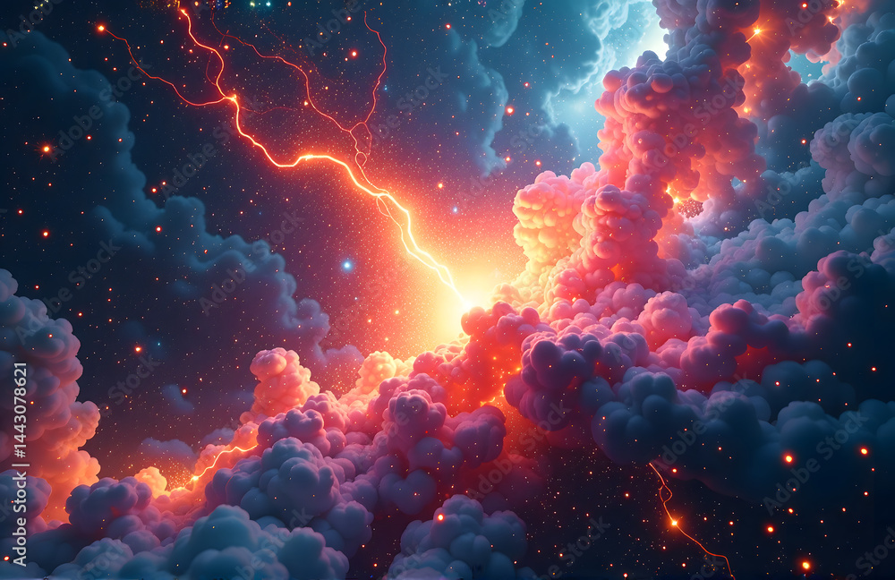 Poster Vibrant cosmic bursts of colorful light explode in a dreamlike setting with intricate details and abstract design elements surrounding them._00001_