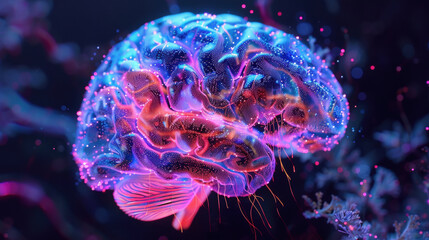 Glowing digital brain with vibrant neon colors and holographic AI network effects