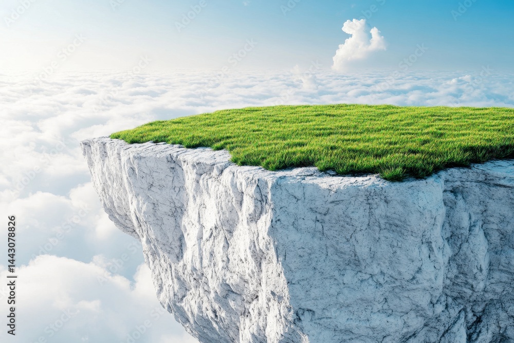 Poster serene floating island with vibrant green grass against a backdrop of fluffy clouds and a bright sky