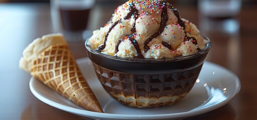 Delicious Vanilla Ice Cream Sundae with Chocolate Sauce and Sprinkles in a Waffle Bowl
