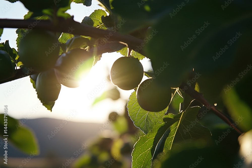 Poster sunlight filters through plum tree branches showcasing ripe fruit and vibrant leaves creating a tran