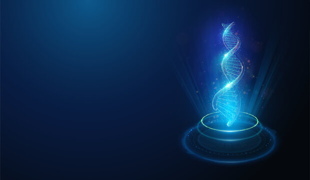 Human DNA Holographic Projection Made of Neon Particles. Abstract vector illustration depicting genetic testing for ancestry, genealogy research and gene engineering medical concept on blue background