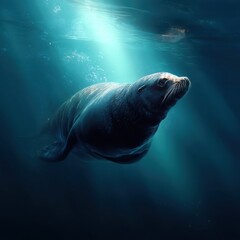 Obraz premium Graceful sea lion swimming underwater with sun rays creating a serene aquatic scene in deep blue ocean water with a captivating marine life portrait