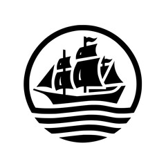 Stylized Black Silhouette Sailing Ship Icon in Circle with Waves - Nautical Vector Graphic Logo