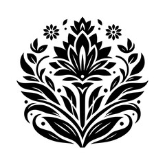 Elegant Black and White Floral Medallion Illustration - Stylized Botanical Ornament Design