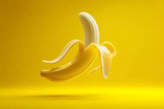 Partially Peeled Yellow Banana on Yellow Background
