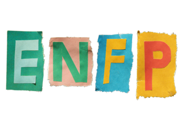 ENFP or Campaigner is a personality type with the Extraverted, Intuitive, Feeling, and Prospecting traits. E, N, F and P alphabets torn from magazine paper. Ransom note style letters.