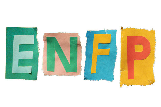 ENFP or Campaigner is a personality type with the Extraverted, Intuitive, Feeling, and Prospecting traits. E, N, F and P alphabets torn from magazine paper. Ransom note style letters.