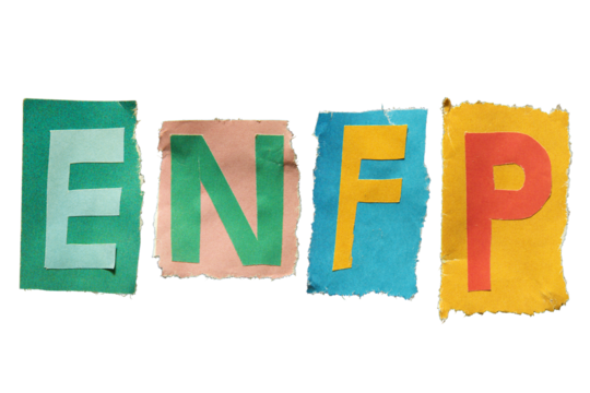 ENFP or Campaigner is a personality type with the Extraverted, Intuitive, Feeling, and Prospecting traits. E, N, F and P alphabets torn from magazine paper. Ransom note style letters.