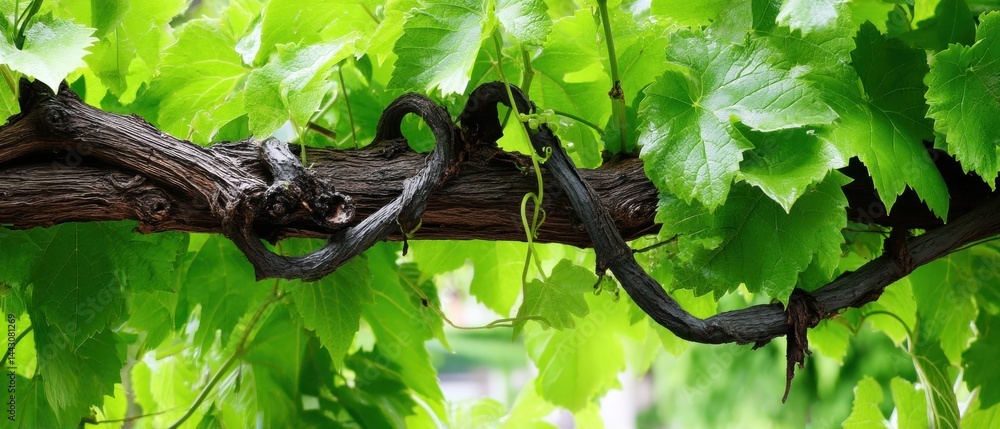 Poster lush vineyard canopy sunlight filtering through vibrant green grape leaves illuminating twisted vine