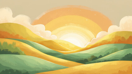 Abstract Sunrise Landscape with Golden and Green Hills – Warm Nature Wallpaper in 4K