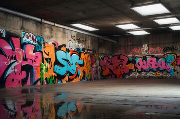 Empty underground parking with graffiti wall abstract background. Idea for artistic pop art background backdrop. Empty open space interior background