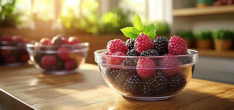 Delicious Raspberries and Blackberries in a Glass Bowl on a Wooden Table
