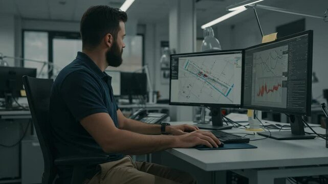 Focused Urban Planner Analyzing City Data on Computer - A concentrated male urban planner sits at his desk