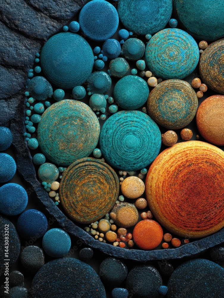 Poster abstract composition of textured spheres in vibrant blue orange and gold tones creating a visually s