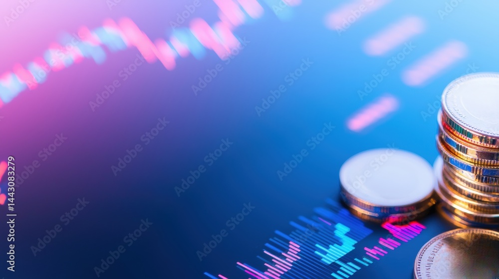 Poster close-up of stacks of coins and digital financial chart background showing stock market growth and i