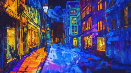 Fototapeta premium Vibrant Cityscape at Twilight, A Colorful Impressionistic Painting