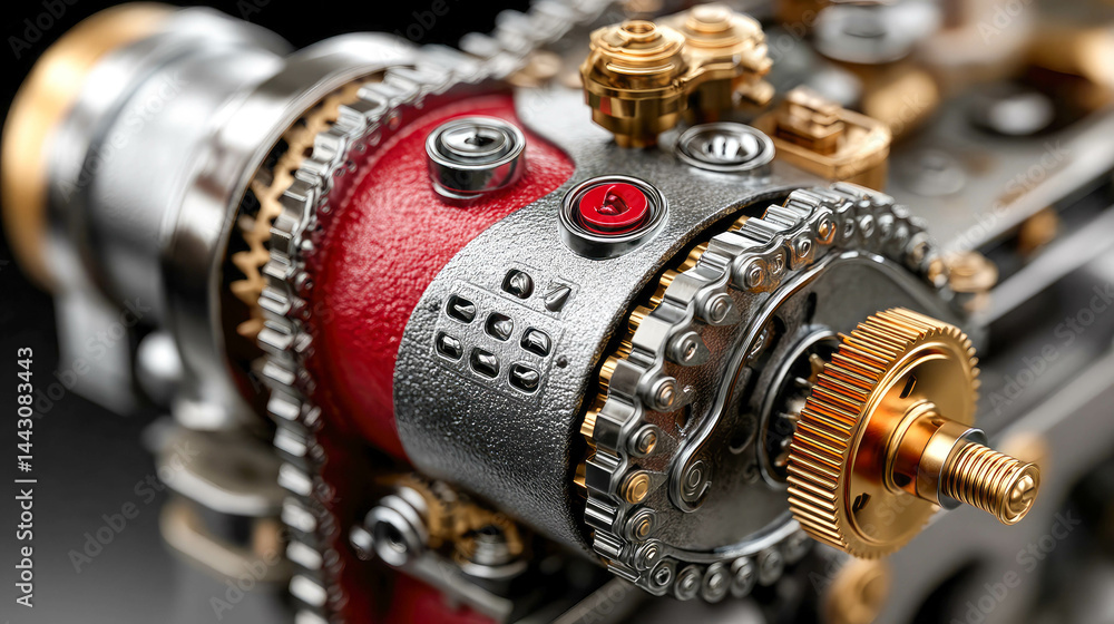 Poster detailed view of a mechanical component with gears and chains, highlighting precision engineering an