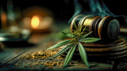 Judge's gavel next to cannabis leaves and jars, symbolizing the legalization, regulation, and justice system regarding cannabis