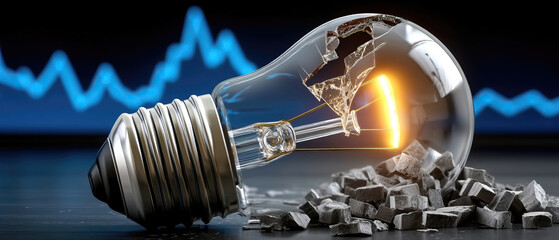 Broken light bulb with glowing filament lying table near scattered stone pieces and blue financial graph symbolizing recession