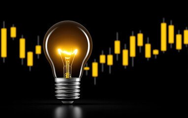 Light bulb glowing with yellow stock market chart in background symbolizing recession and economic ideas