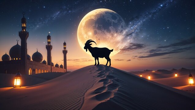 Goat silhouette atop a sand dune under a cosmic Eid sky, giant crescent moon glowing behind mosque, lanterns lighting the desert path