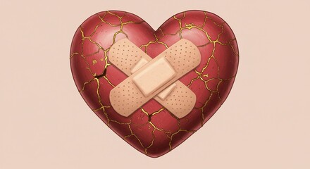 Heart with golden cracks sealed by a bandage, emotional and gentle