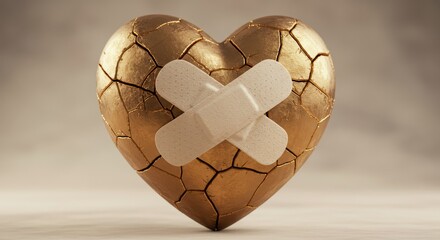 Cracked heart illustration repaired with gold and patch