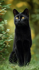 Majestic Midnight: A Striking Portrait of a Black Cat, Elegantly Poised Amidst Verdant Foliage, Captivating with its Intense Gaze and Mysterious Allure, Evoking Feelings of Serenity and Enchantment.