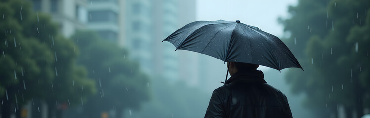 A compact umbrella is essential when walking in heavy rain with large raindrops falling from the grey clouds above you._00001_